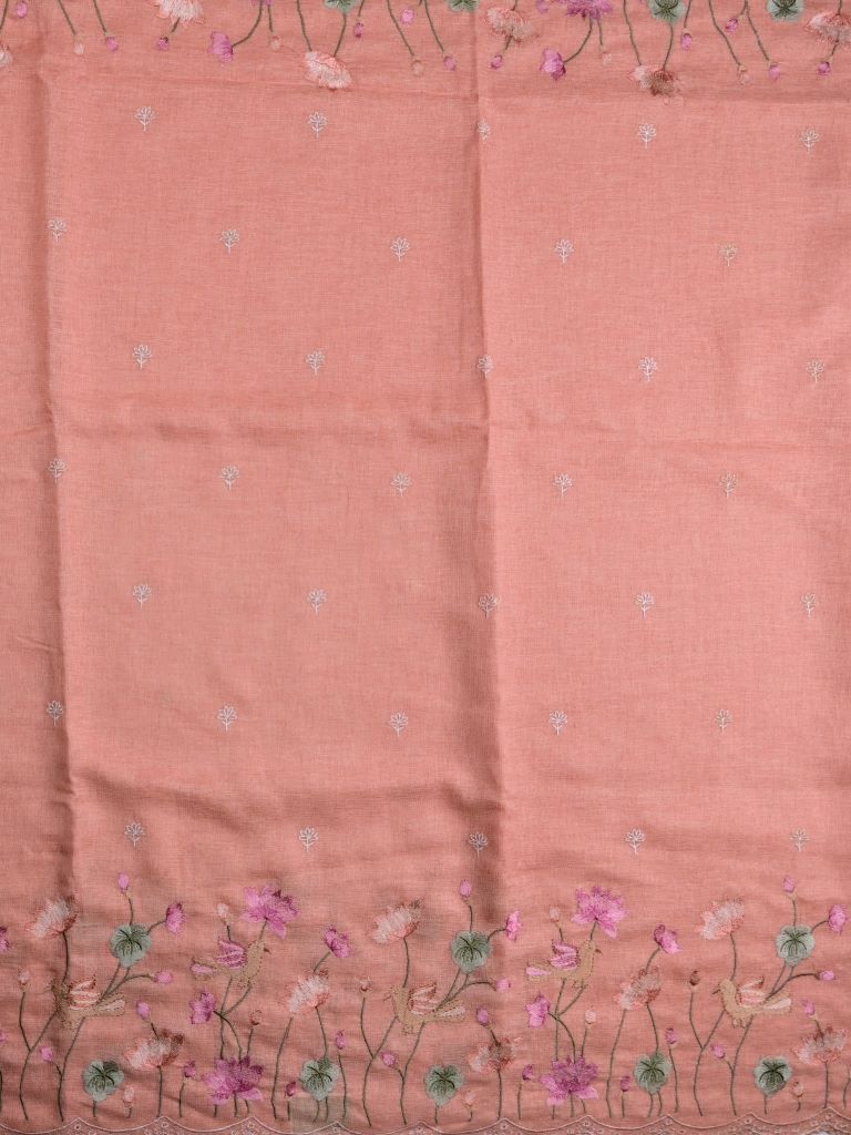 Jute lenin fancy saree peach color allover embroidery & embroidery cutwork border with running pallu and plain self blouse