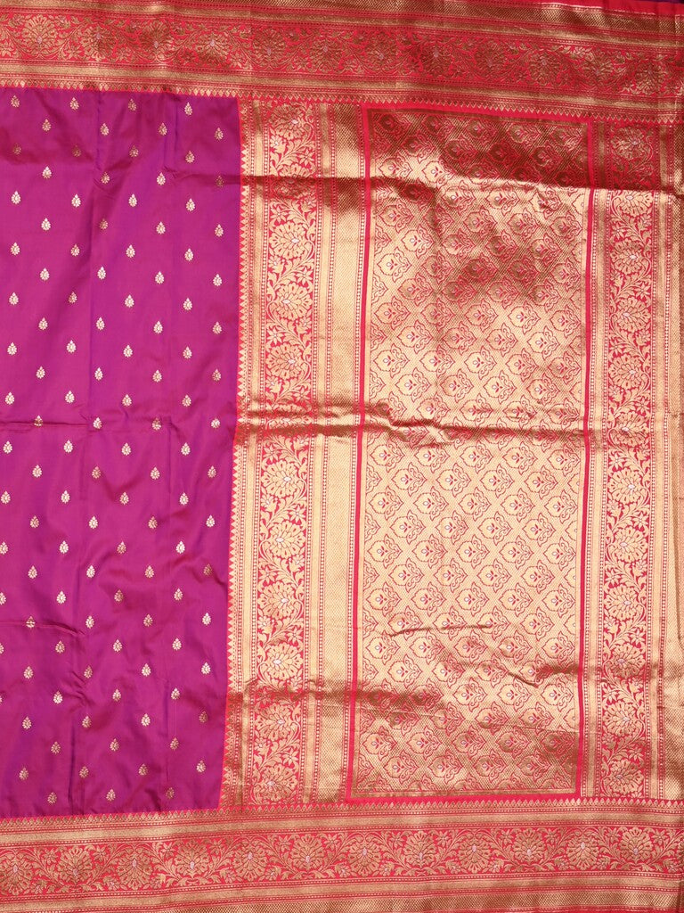 Banaras fancy saree magenta color allover zari motifs & zari contrast border with rich pallu and plain blouse