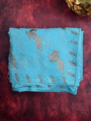 Chiffon fancy saree sky blue color allover embroidery & embroidery border with running pallu and attached fancy blouse