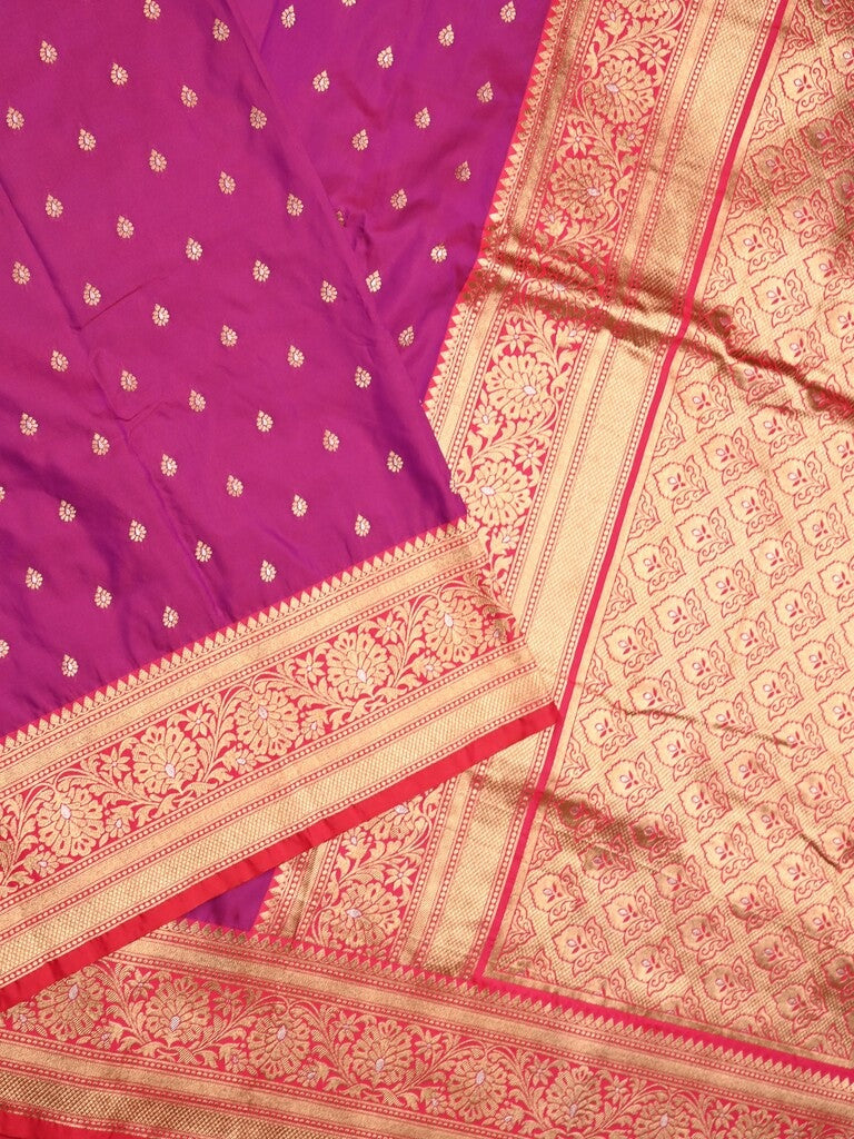 Banaras fancy saree magenta color allover zari motifs & zari contrast border with rich pallu and plain blouse