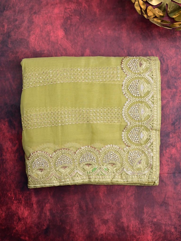 Chiffon fancy saree ligh green color allover embroidery stripes & embroidery border with running pallu and attached fancy blouse