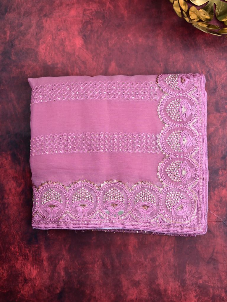 Chiffon fancy saree purple color allover embroidery stripes & embroidery border with running pallu and attached fancy blouse