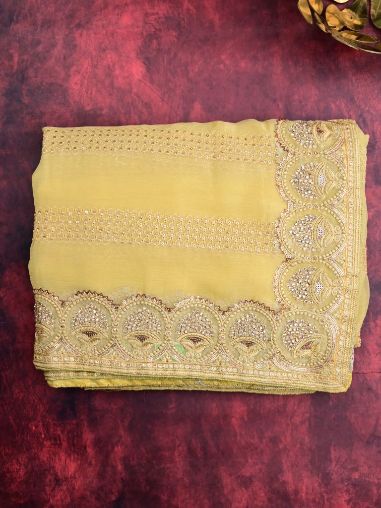 Chiffon fancy saree light yellow color allover embroidery stripes & embroidery border with running pallu and attached fancy blouse