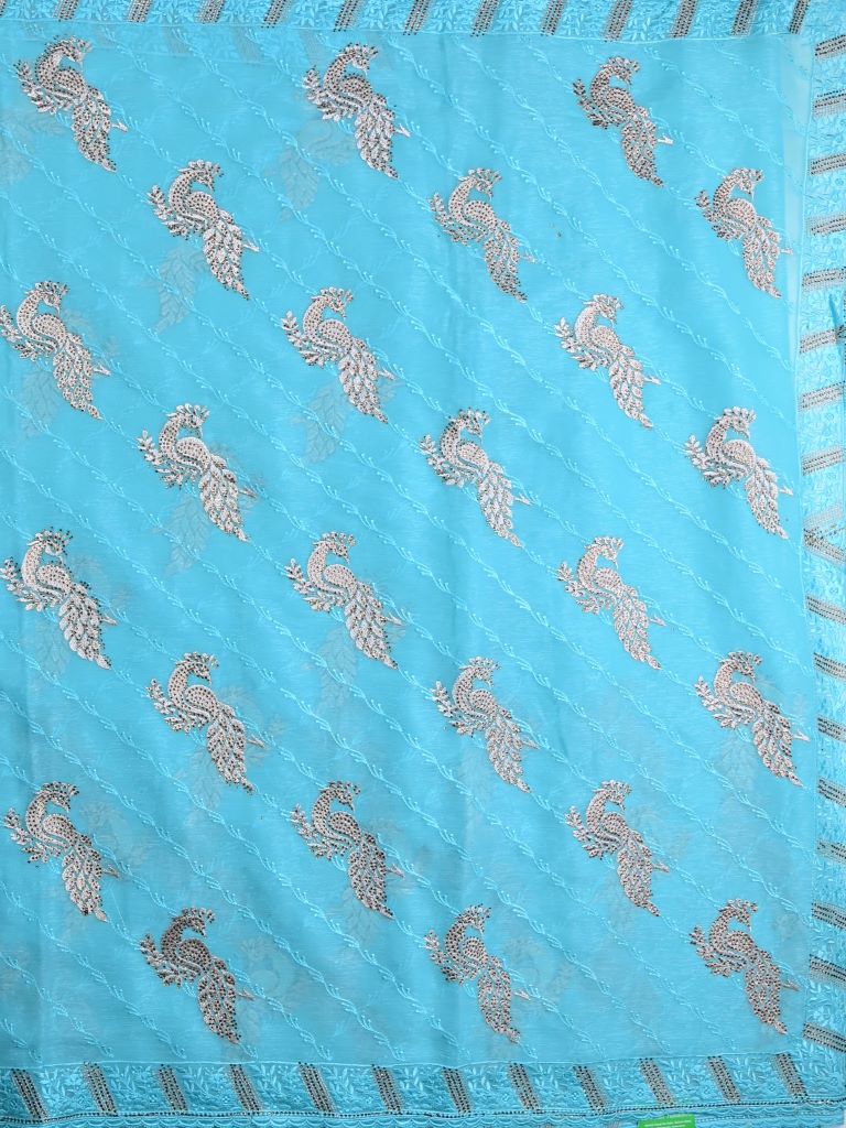 Chiffon fancy saree sky blue color allover embroidery & embroidery border with running pallu and attached fancy blouse