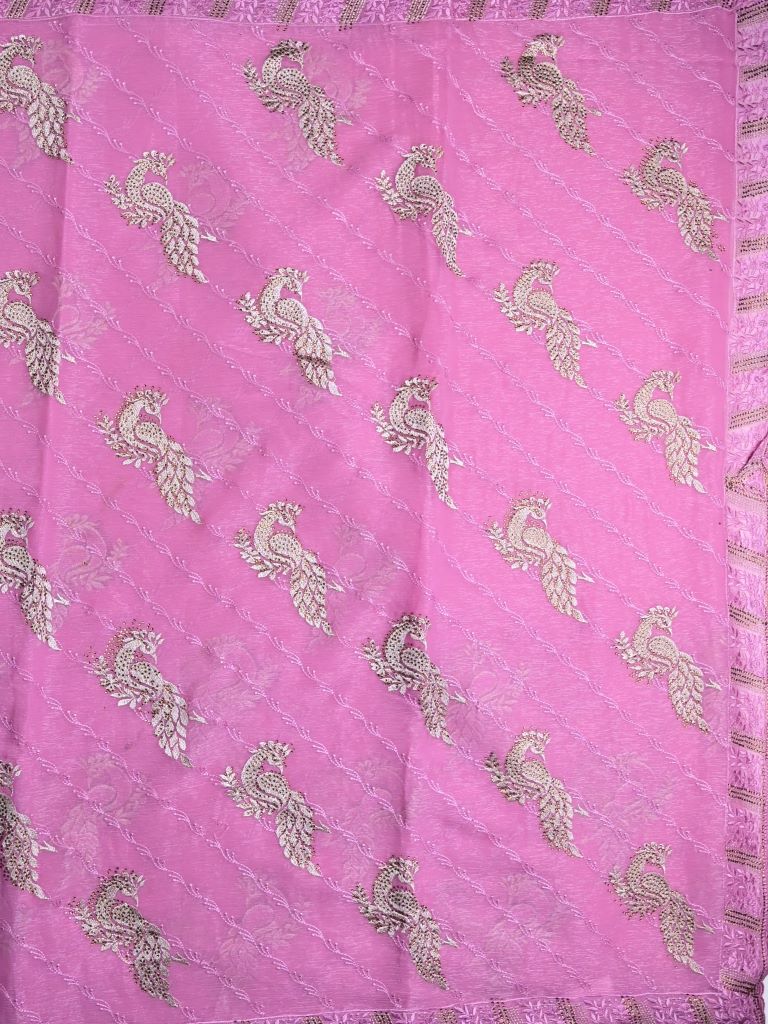 Chiffon fancy saree purple color allover embroidery & embroidery border with running pallu and attached fancy blouse