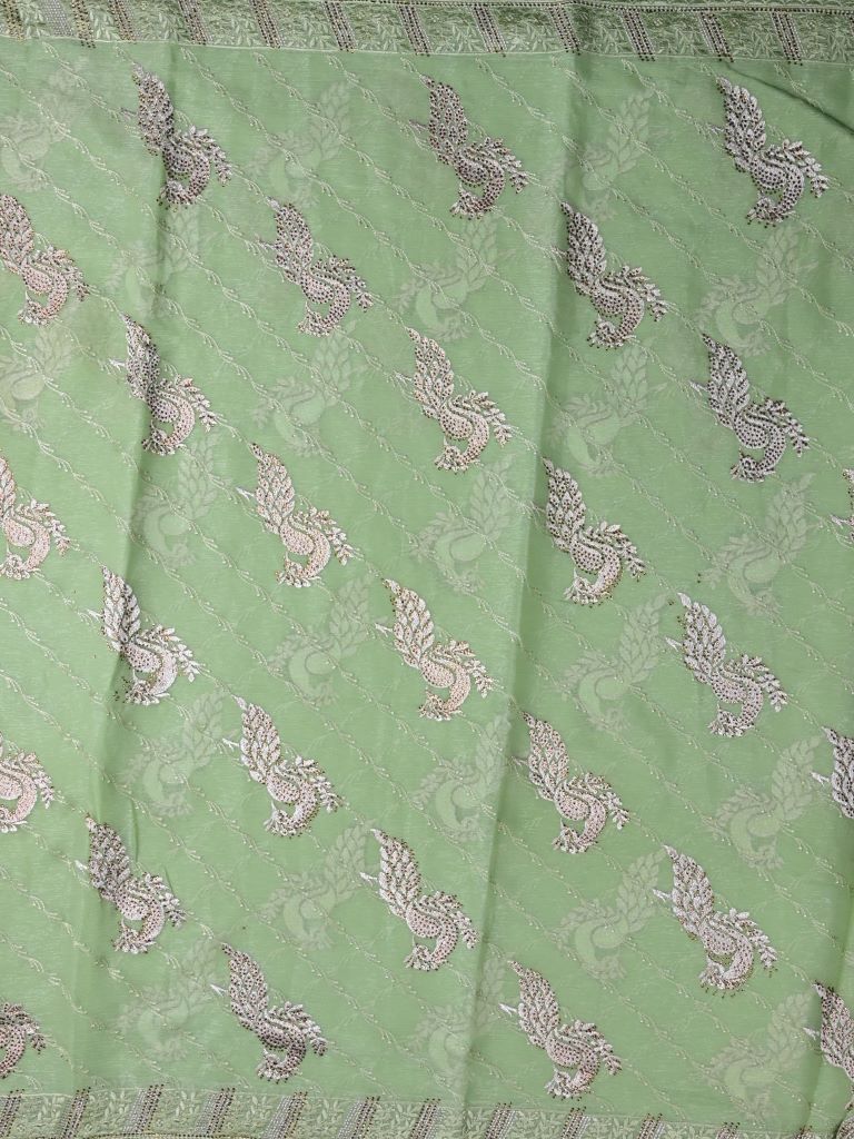 Chiffon fancy saree light pista green color allover embroidery & embroidery border with running pallu and attached fancy blouse