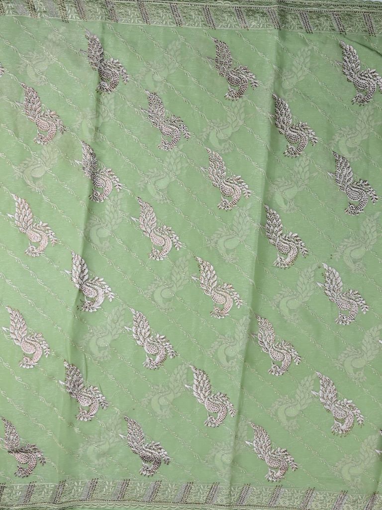 Chiffon fancy saree light pista green color allover embroidery & embroidery border with running pallu and attached fancy blouse