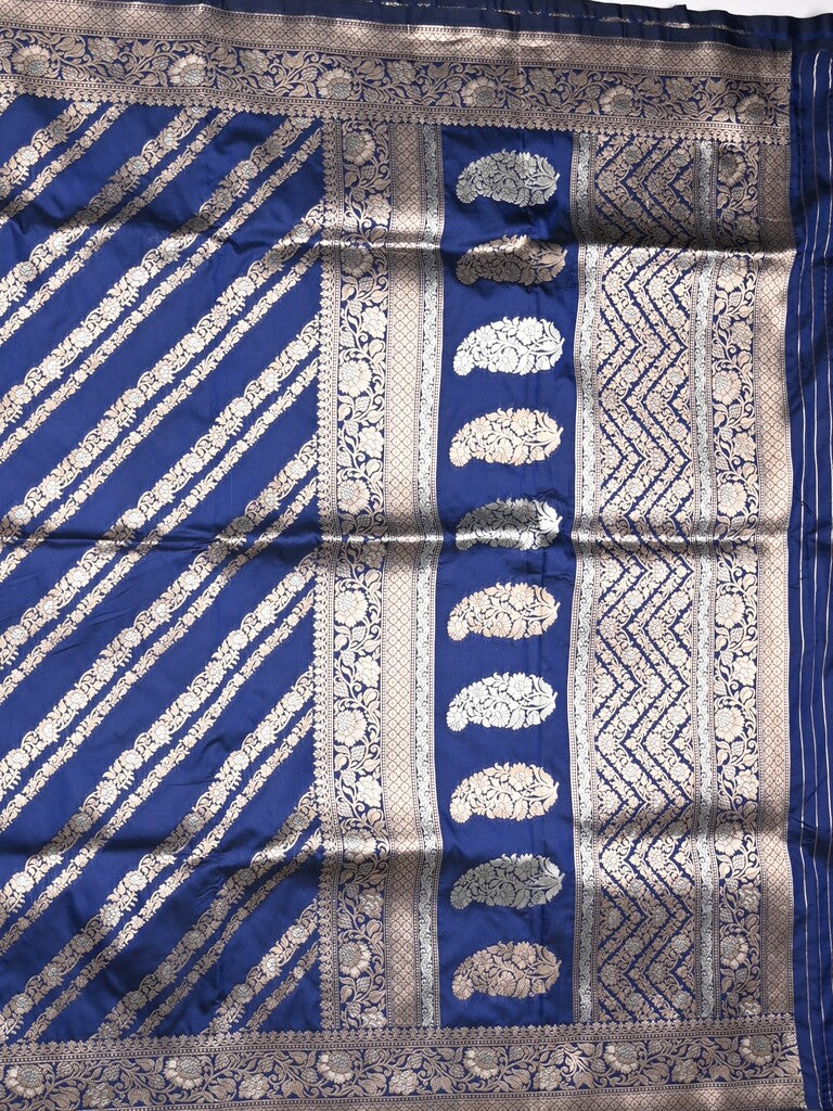 Banaras fancy saree navy blue color allover zari weaves & zari border with rich pallu and brocade blouse