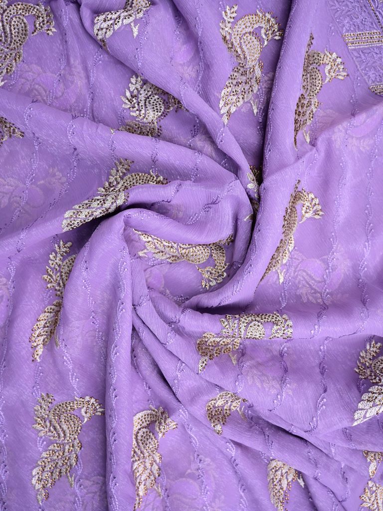 Chiffon fancy saree lavender color allover embroidery & embroidery border with running pallu and attached fancy blouse