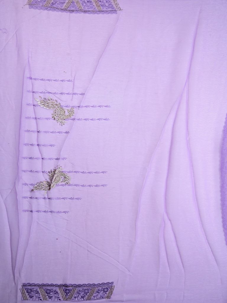 Chiffon fancy saree lavender color allover embroidery & embroidery border with running pallu and attached fancy blouse