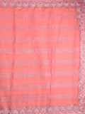 Chiffon fancy saree coral pink color allover embroidery stripes & embroidery border with running pallu and attached fancy blouse