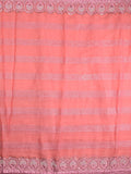 Chiffon fancy saree coral pink color allover embroidery stripes & embroidery border with running pallu and attached fancy blouse