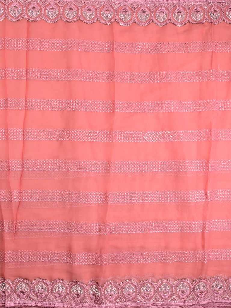 Chiffon fancy saree coral pink color allover embroidery stripes & embroidery border with running pallu and attached fancy blouse