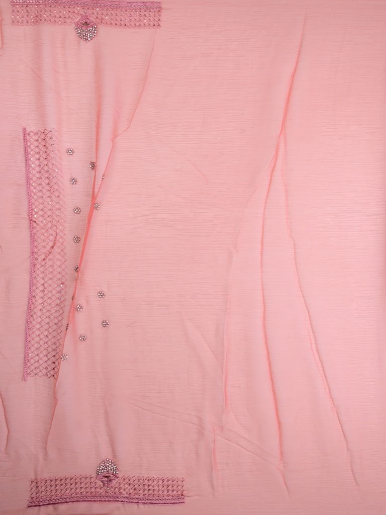 Chiffon fancy saree coral pink color allover embroidery stripes & embroidery border with running pallu and attached fancy blouse