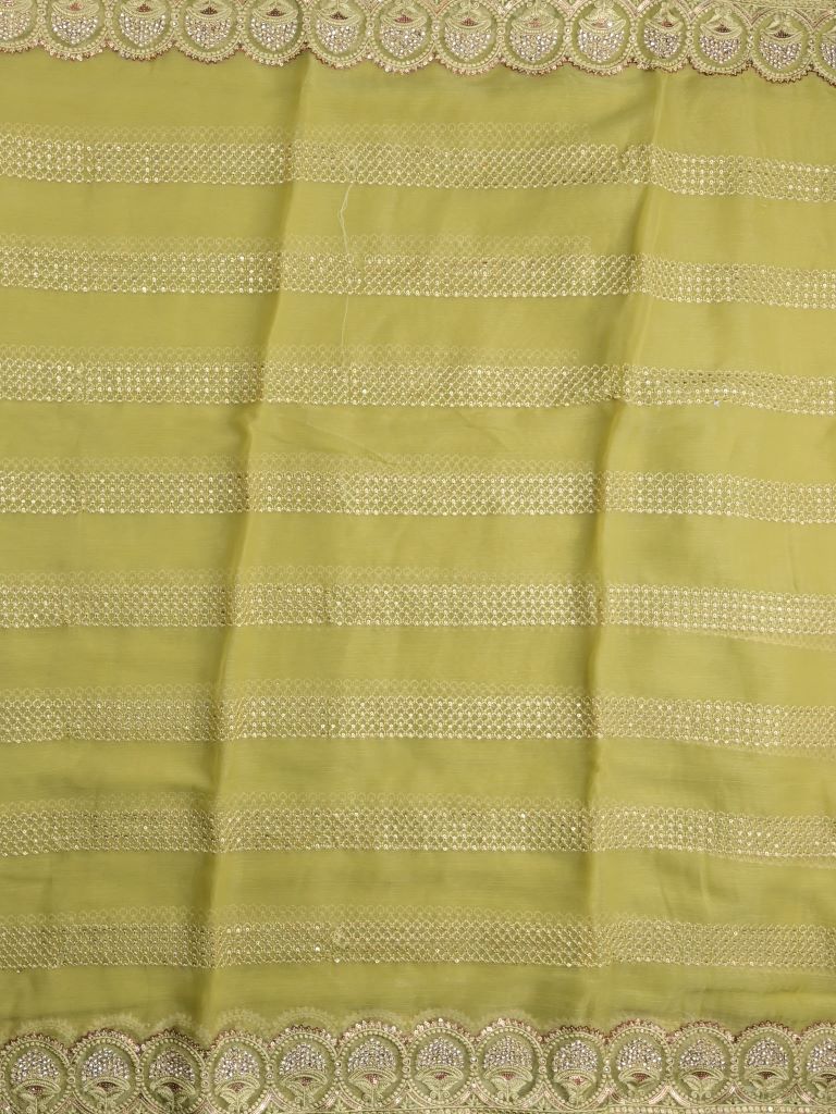 Chiffon fancy saree ligh green color allover embroidery stripes & embroidery border with running pallu and attached fancy blouse