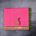 Kanchi cotton saree pink color with thread motive weaves, small zari border, contrast pallu and plain blouse.