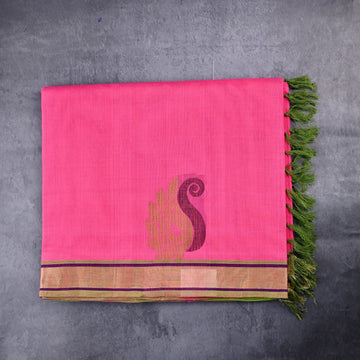 Kanchi cotton saree pink color with thread motive weaves, small zari border, contrast pallu and plain blouse.