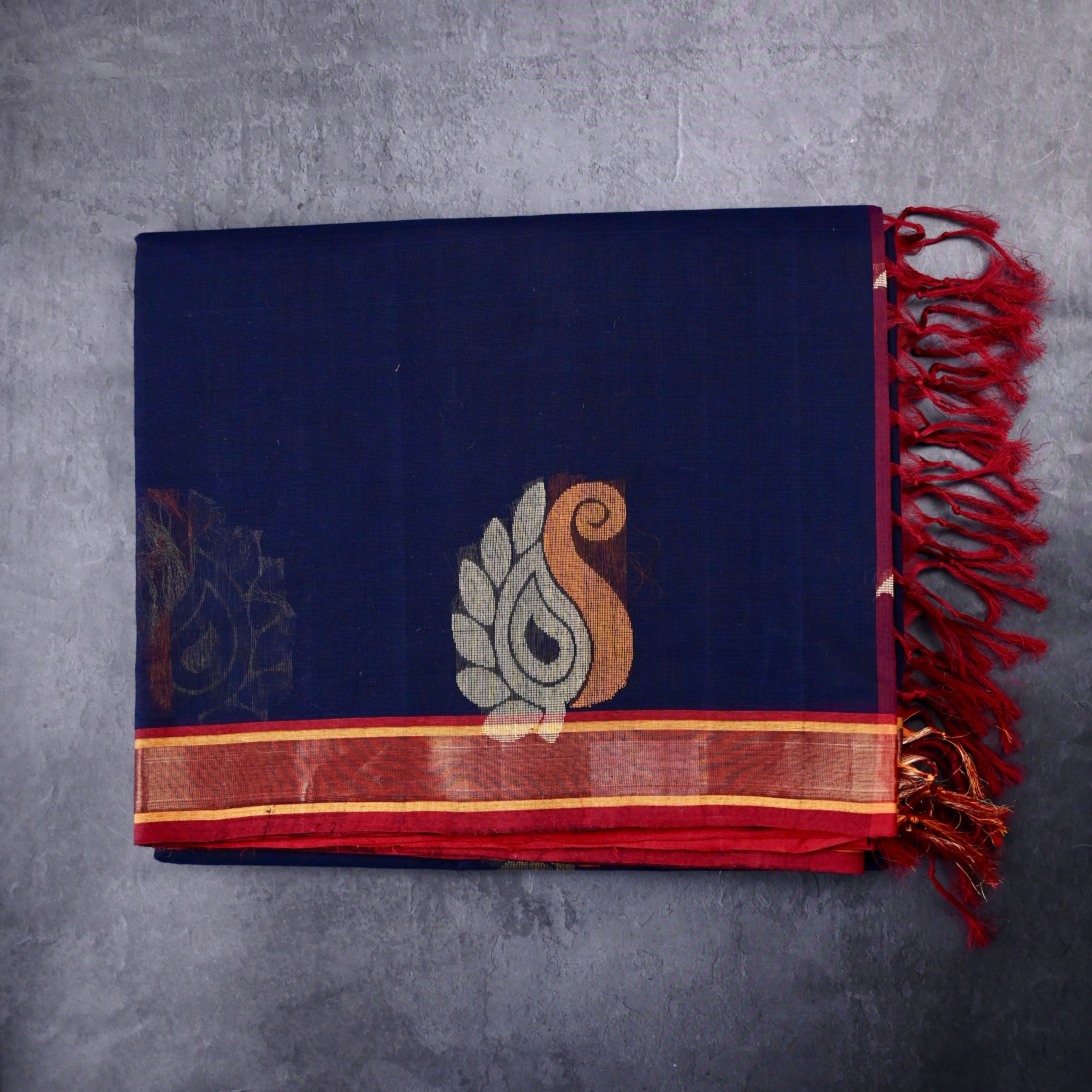 Kanchi cotton saree navy blue color with thread motive weaves, small zari border, contrast pallu and plain blouse.