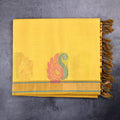 Kanchi cotton saree yellow color with thread motive weaves, small zari border, contrast pallu and plain blouse.