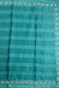 Chiffon fancy saree cyan blue color allover embroidery stripes & embroidery border with running pallu and attached fancy blouse