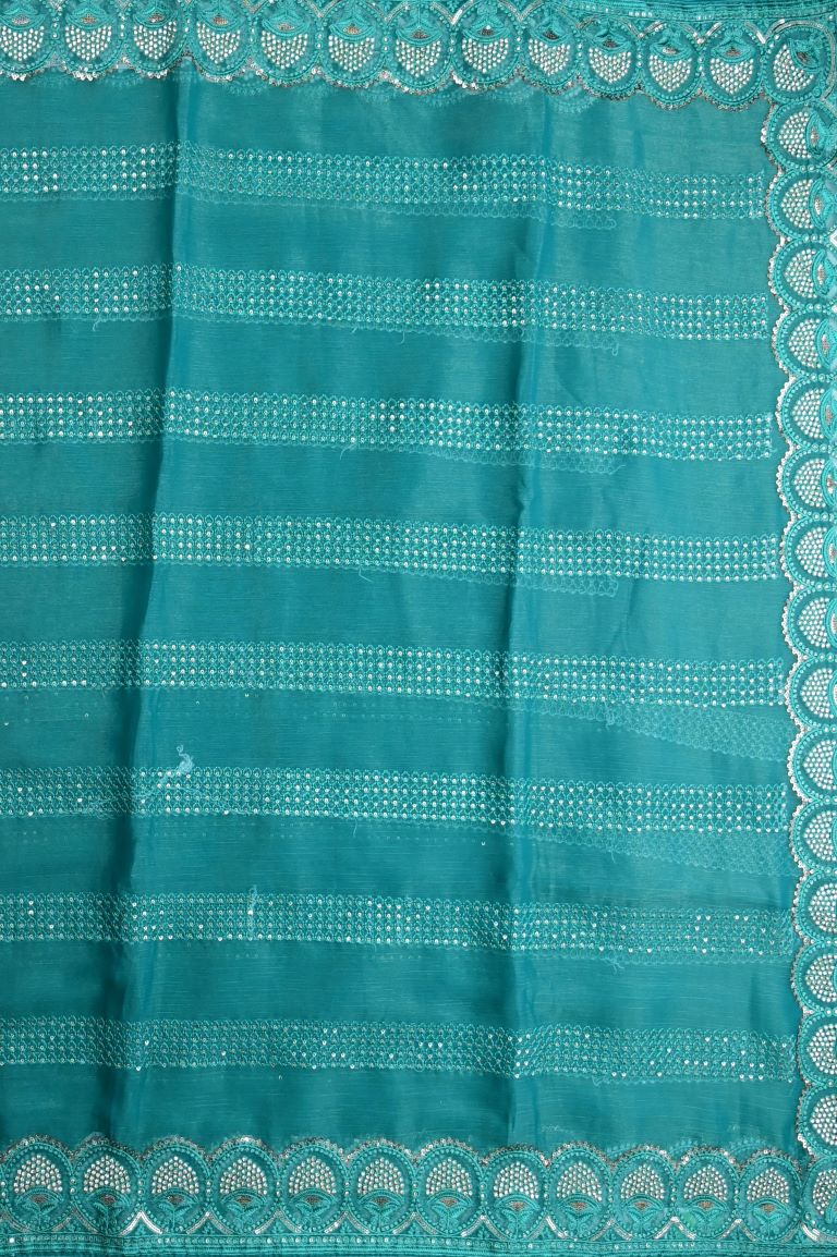 Chiffon fancy saree cyan blue color allover embroidery stripes & embroidery border with running pallu and attached fancy blouse