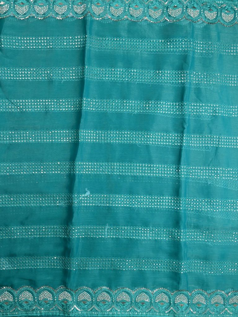 Chiffon fancy saree cyan blue color allover embroidery stripes & embroidery border with running pallu and attached fancy blouse