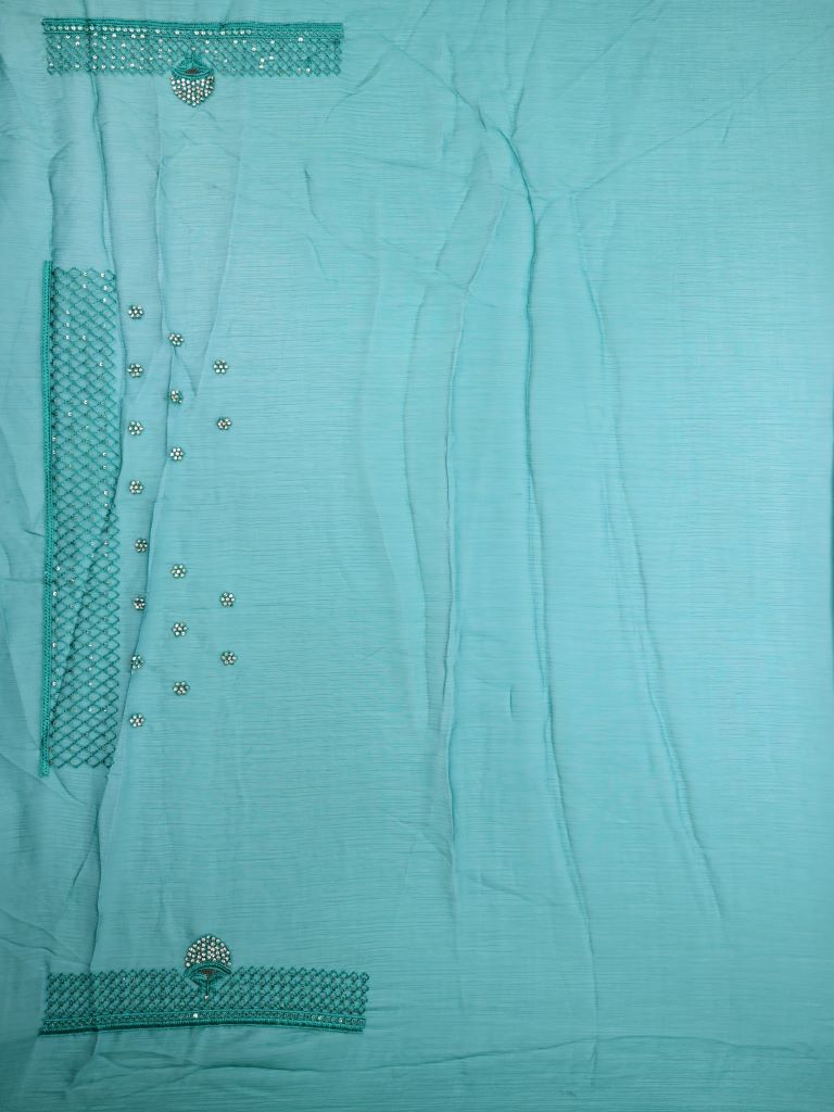 Chiffon fancy saree cyan blue color allover embroidery stripes & embroidery border with running pallu and attached fancy blouse