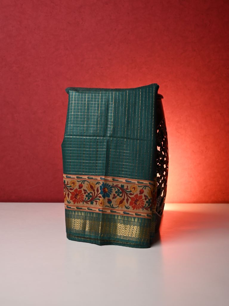 Bagalpur fancy sarees sea green color allover zari checks with printed & zari weaving border with self pallu and attached printed blouse