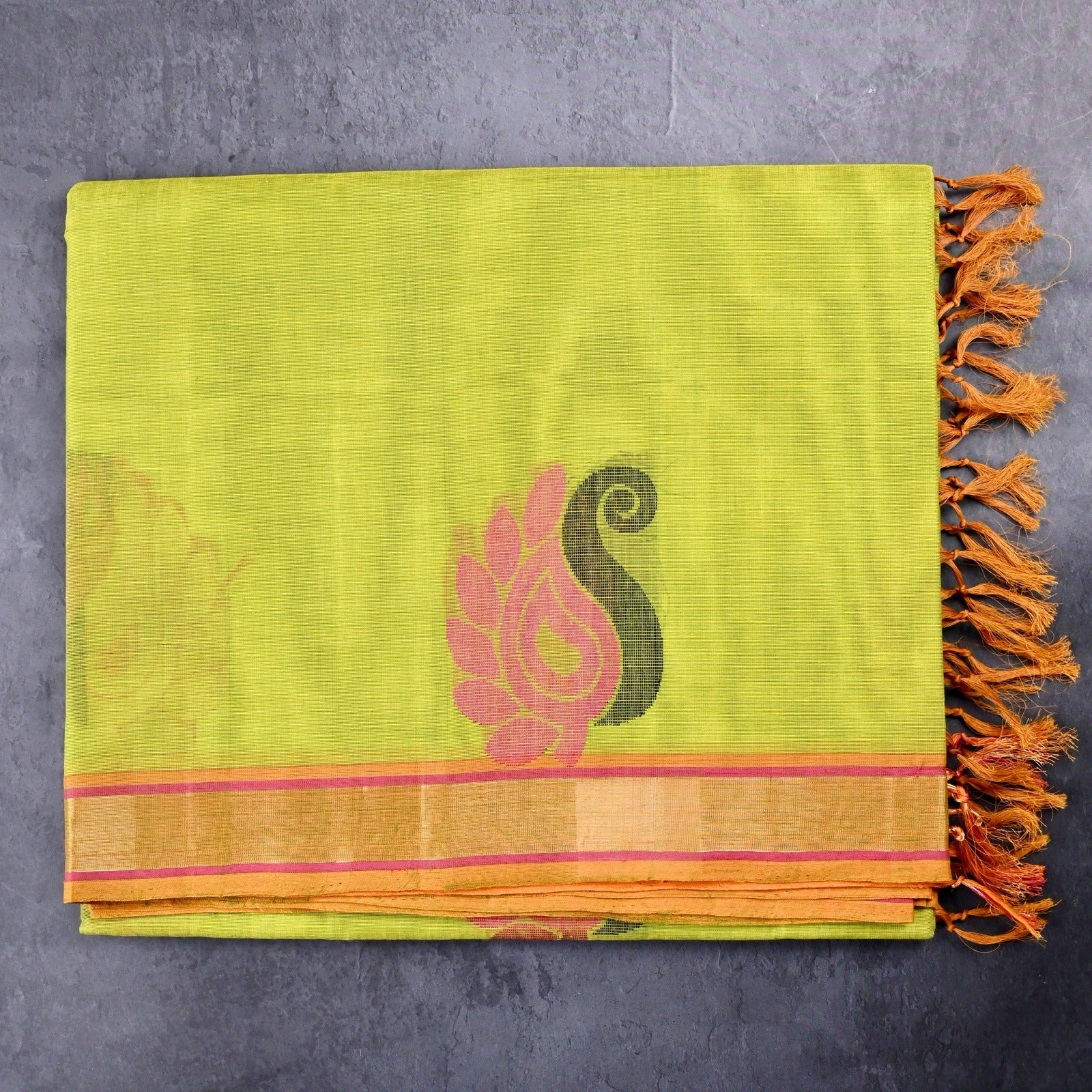 Kanchi cotton saree parrot green color with thread motive weaves, small zari border, contrast pallu and plain blouse.