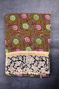 Kalamkari silk saree olive green color with allover kalamkari multi color prints, with big pallu, small border and printed blouse.