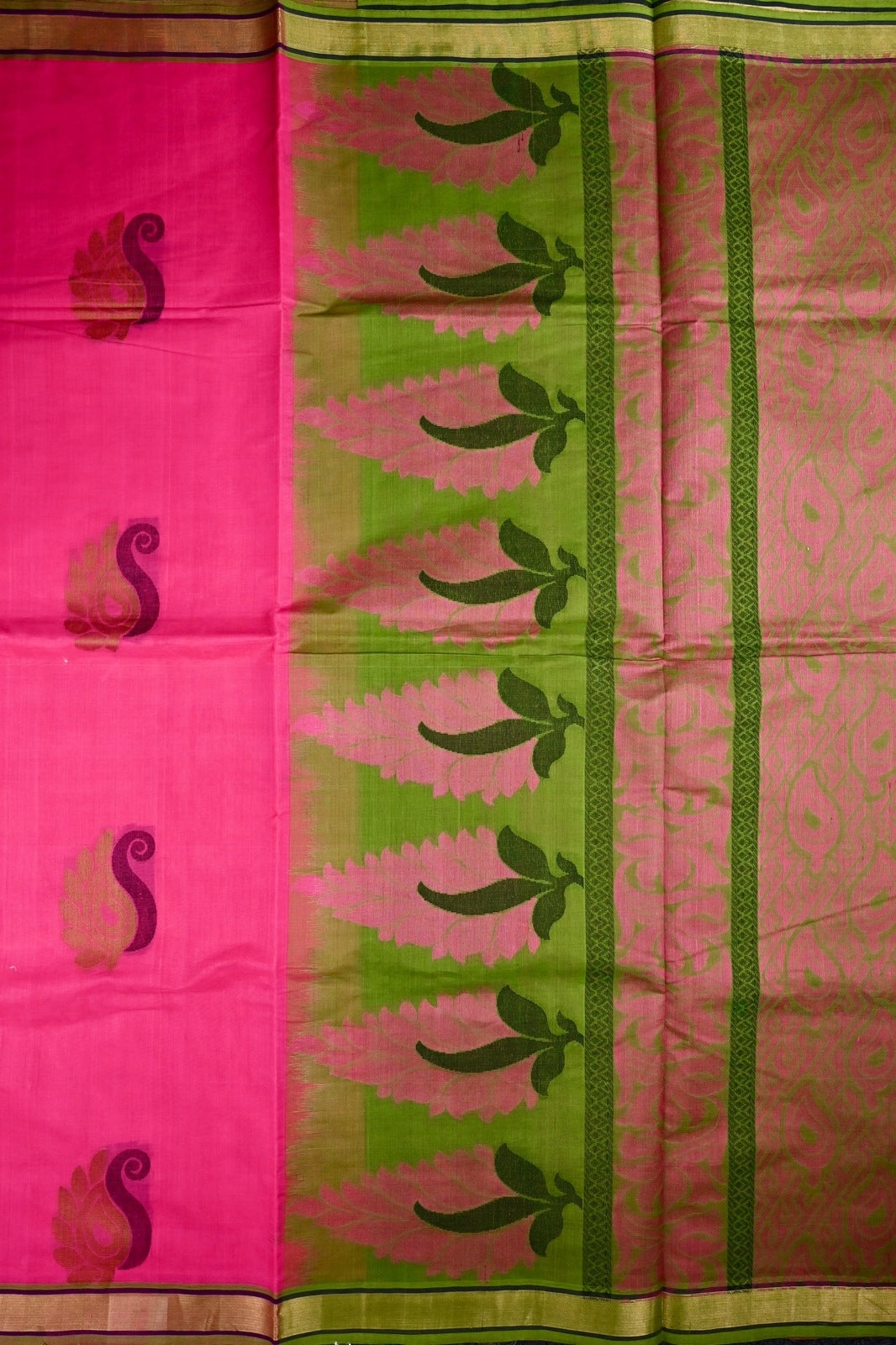 Kanchi cotton saree pink color with thread motive weaves, small zari border, contrast pallu and plain blouse.