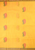 Kanchi cotton saree yellow color with thread motive weaves, small zari border, contrast pallu and plain blouse.