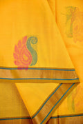 Kanchi cotton saree yellow color with thread motive weaves, small zari border, contrast pallu and plain blouse.