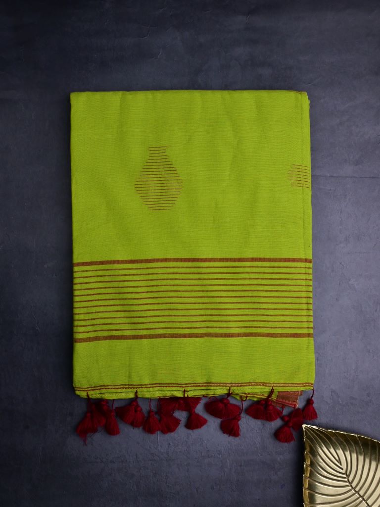 Khadi cotton saree parrot green color allover butis & small kaddi border with self pallu and attached plain blouse