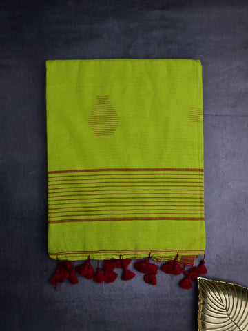 Khadi cotton saree parrot green color allover butis & small kaddi border with self pallu and attached plain blouse