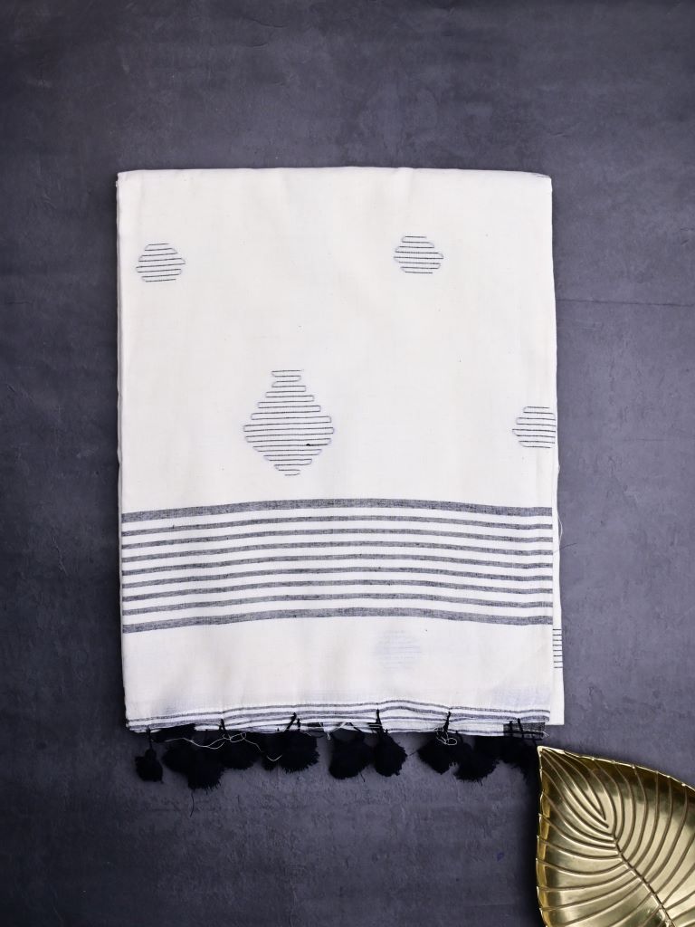 Khadi cotton saree white color allover butis & small kaddi border with self pallu and attached plain blouse