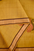 Kanchi cotton saree musturd yellow color with thread motive weaves, small zari border, contrast pallu and plain blouse.