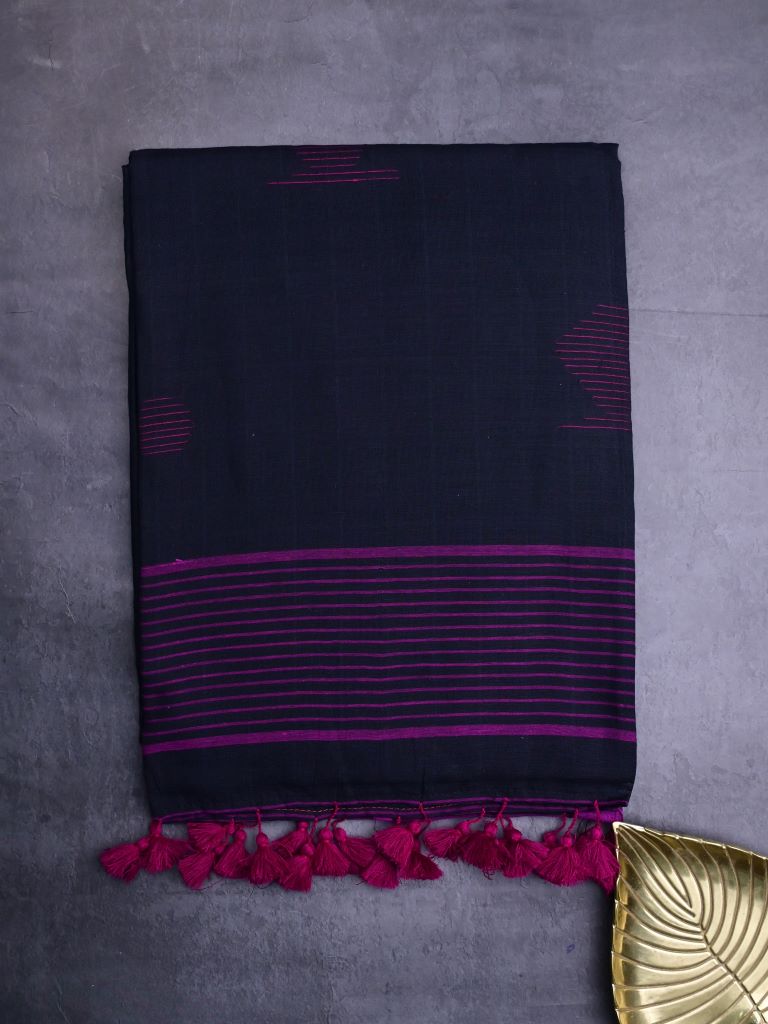 Khadi cotton saree black color allover butis & small kaddi border with self pallu and attached plain blouse