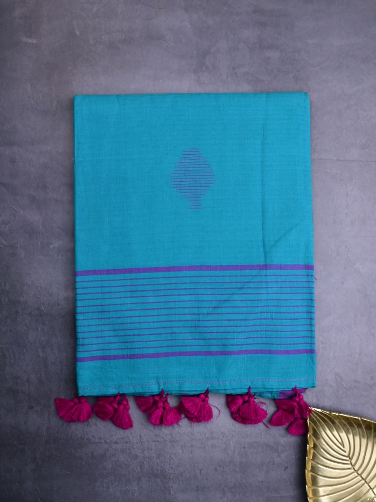 Khadi cotton saree sky blue color allover butis & small kaddi border with self pallu and attached plain blouse