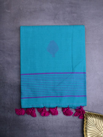 Khadi cotton saree sky blue color allover butis & small kaddi border with self pallu and attached plain blouse