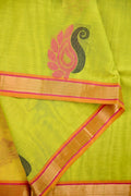 Kanchi cotton saree parrot green color with thread motive weaves, small zari border, contrast pallu and plain blouse.