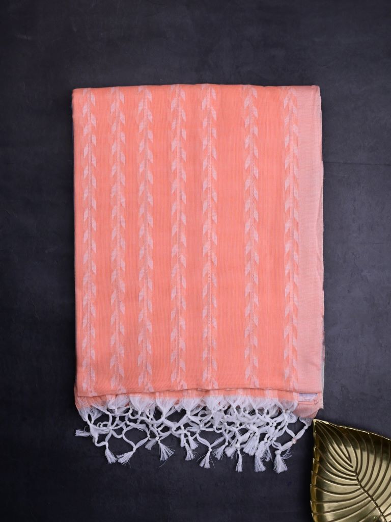 Khadi cotton saree light orange color allover weaves with contrast pallu and contrast blouse