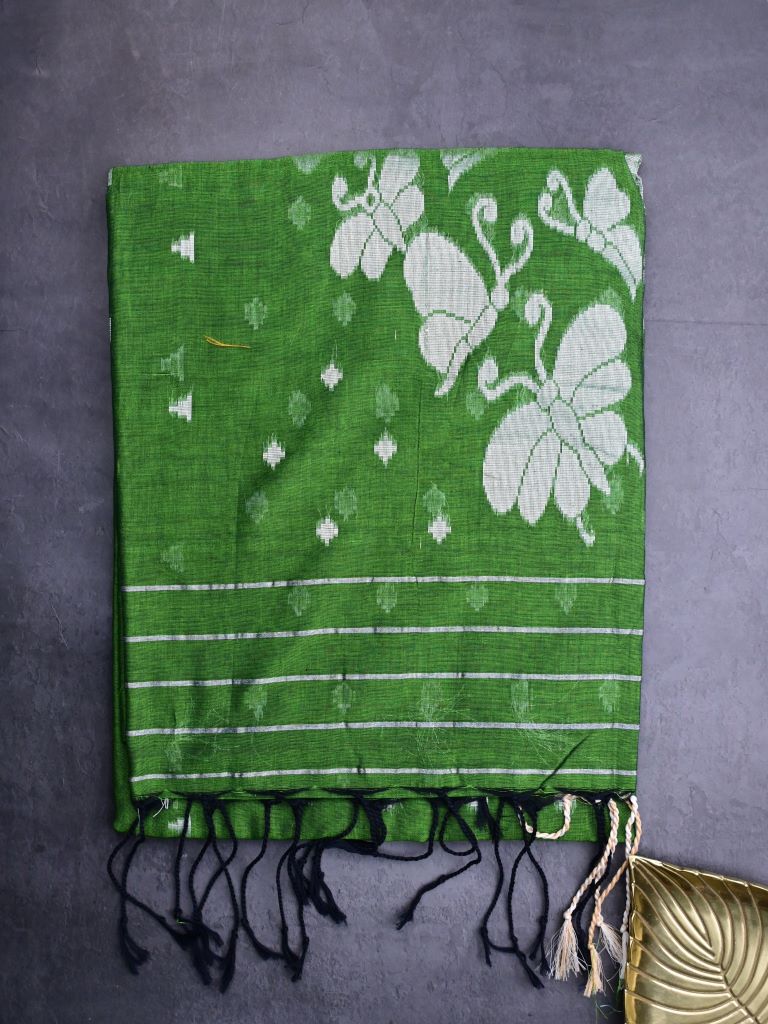 Lenin cotton saree bottle green color allover weaves & small kaddi border with self pallu and attached blouse