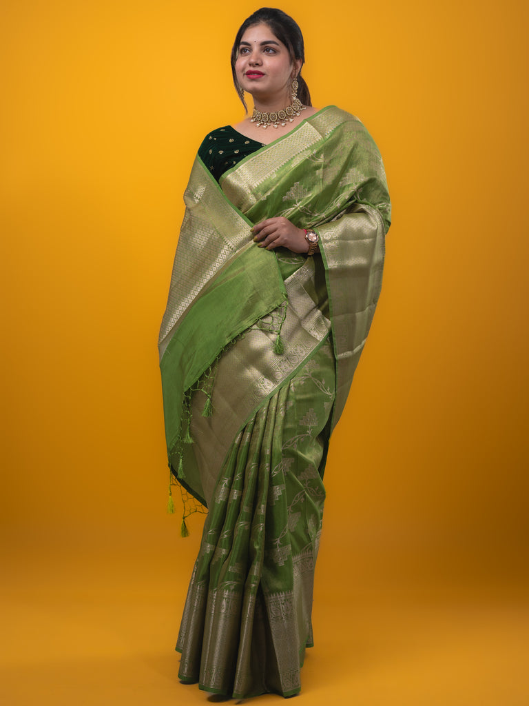 Kora tissue fancy saree green color allover zari weaves & zari border with brocade pallu and brocade blouse