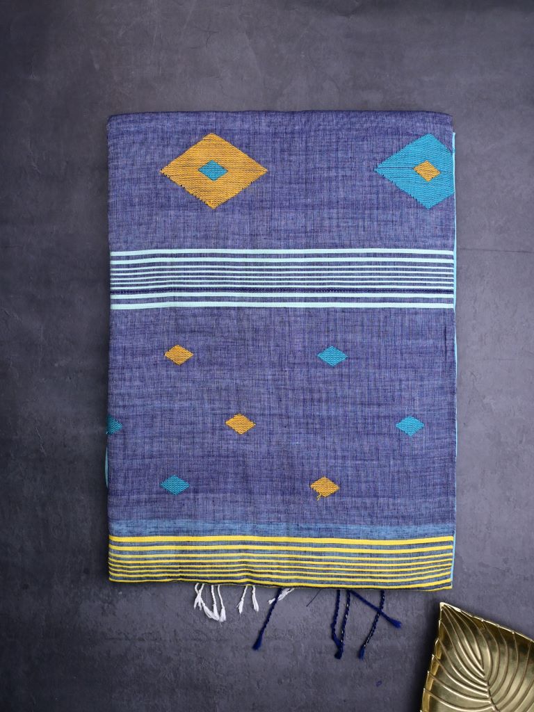 Khadi cotton saree sky blue color allover butis & small kaddi border with contrast pallu and attached plain blouse