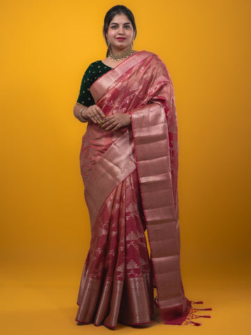 Kora tissue fancy saree peach color allover zari weaves & zari border with brocade pallu and brocade blouse