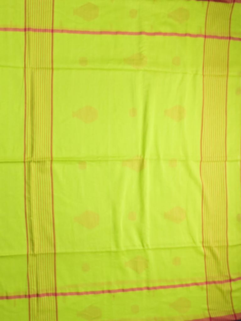 Khadi cotton saree parrot green color allover butis & small kaddi border with self pallu and attached plain blouse