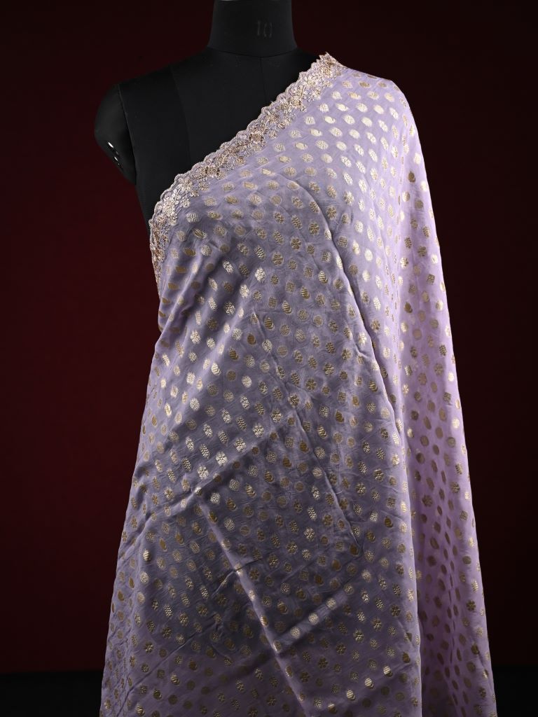 Soft organza duppatta light lavender color allover zari weaving motifs with zari embroidery border