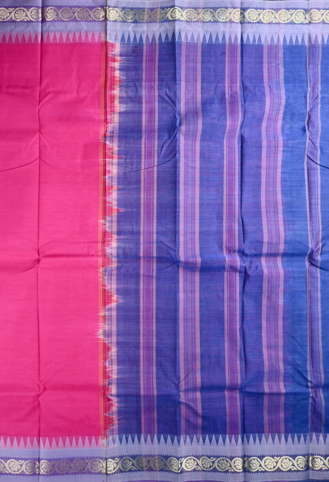 Dhaka cotton saree pink color with small zari border, big contrast pallu and plain blouse.