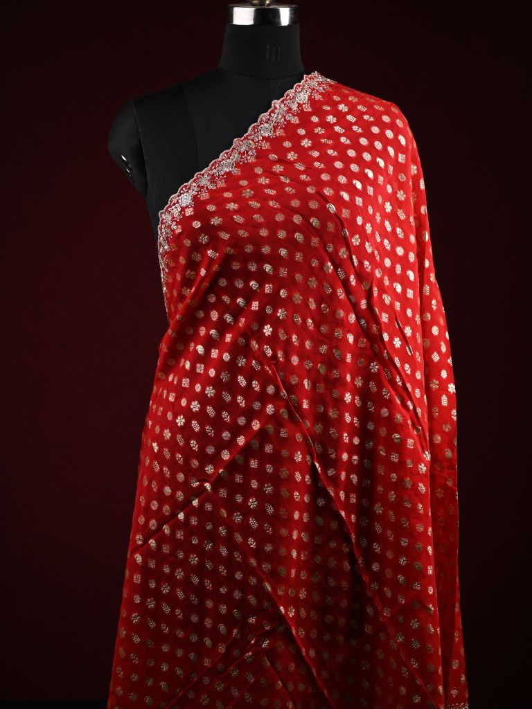 Soft organza duppatta red color allover zari weaving motifs with zari embroidery border